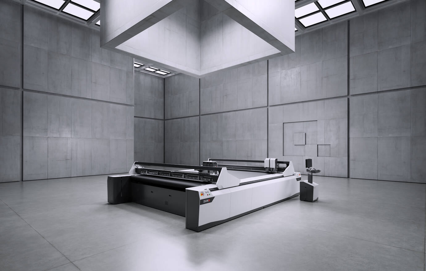 Zünd G3 L cutting system with a control panel in a modern, minimalist concrete room with overhead lighting. Zünd G3 L cutting system with a control panel in a modern, minimalist concrete room with overhead lighting.