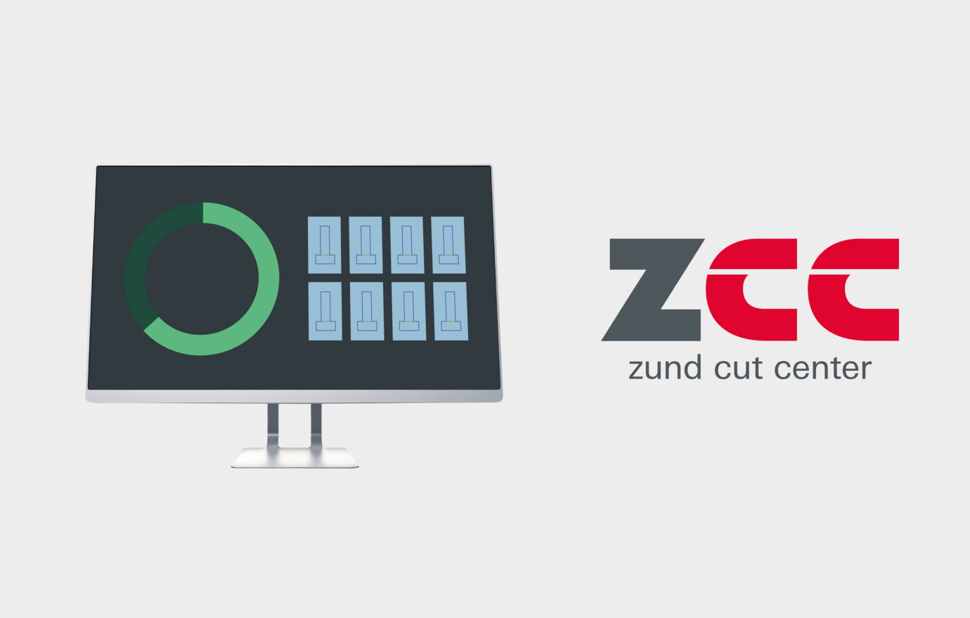 Zünd Cut Center software interface showing a progress circle and multiple cutting job layouts on a monitor, next to the ZCC logo.