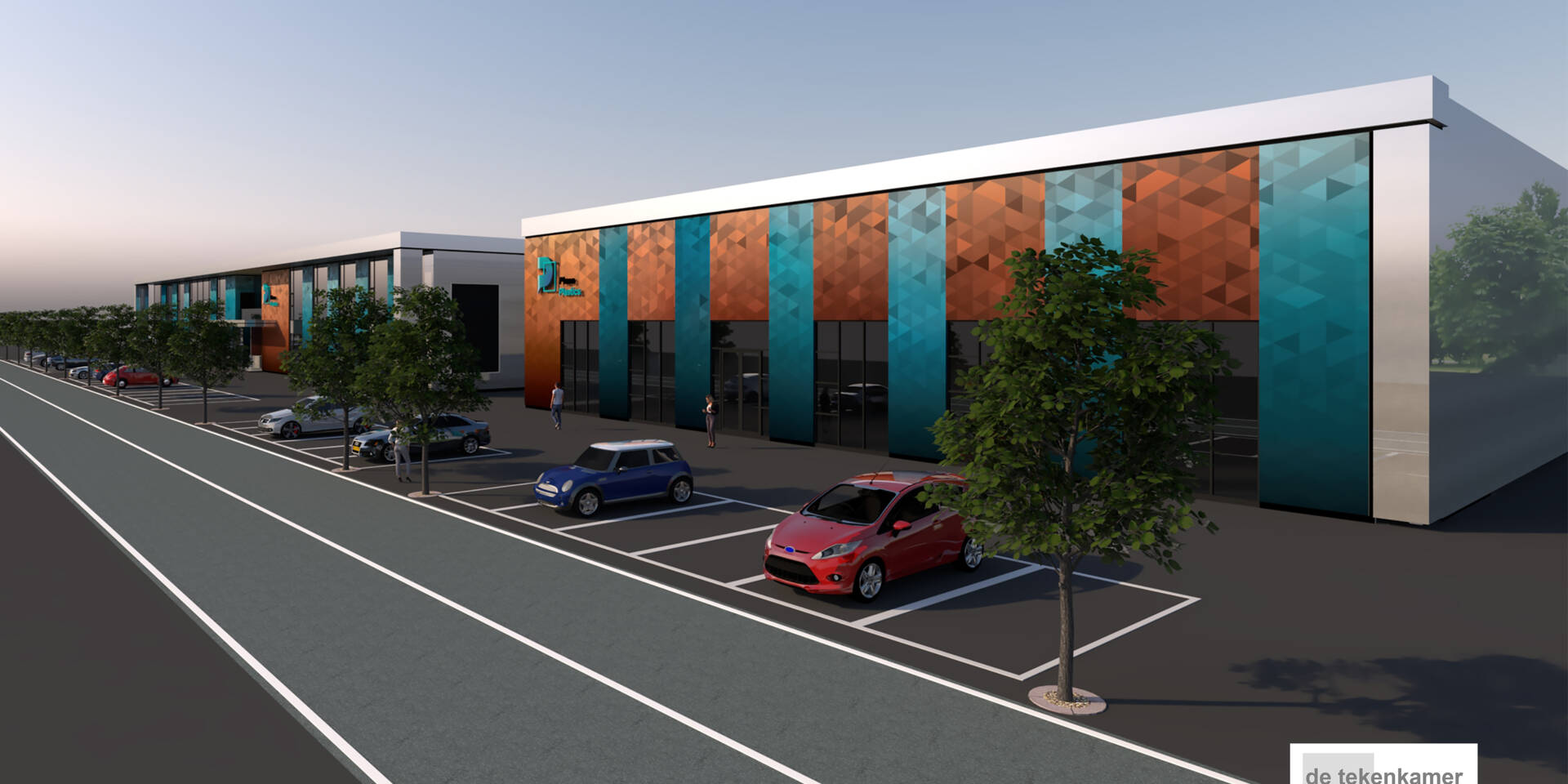 Moderne bedrijfsgebouwen met een geometrische gevel en parkeerplaatsen met auto's en bomen, met de tekst 'de tekenkamer' rechtsonder.