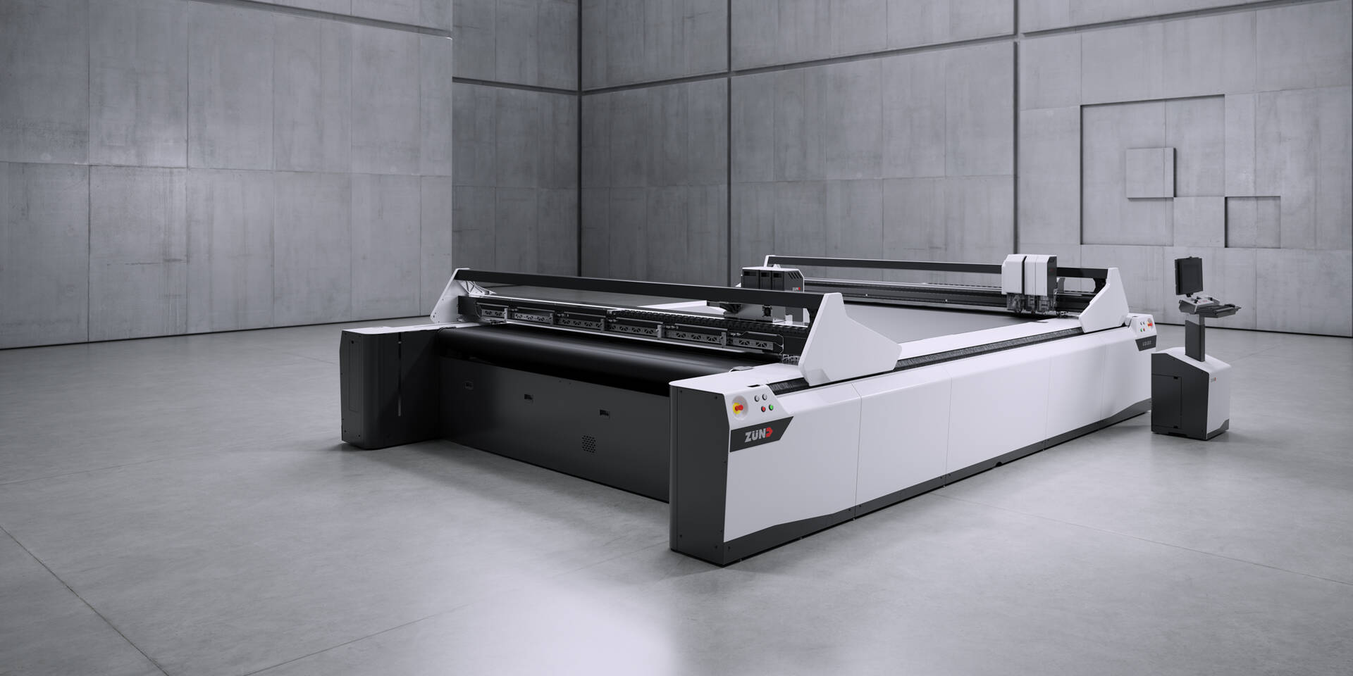 Zünd Q-Line cutting system in a modern, minimalist concrete environment, showcasing its advanced technology and sleek design.