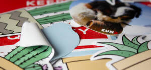 Primo piano di adesivi colorati con cactus, fulmini stilizzati e il logo Zünd. Alcuni adesivi sono parzialmente sollevati. Primo piano di adesivi colorati con cactus, fulmini stilizzati e il logo Zünd. Alcuni adesivi sono parzialmente sollevati.