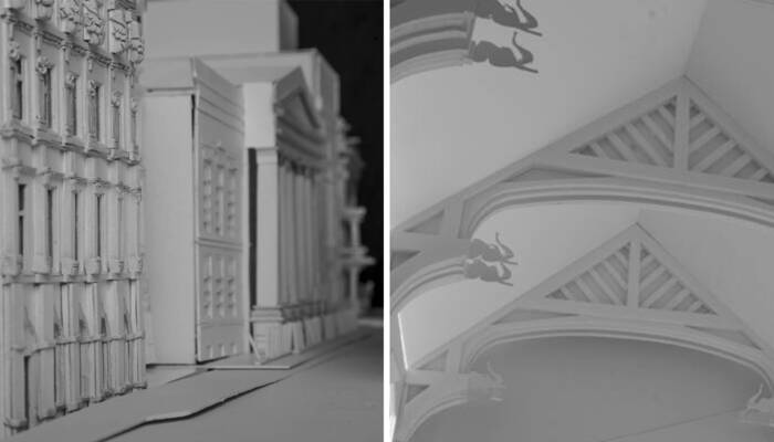 Architectural model showing facade details and interior ceiling structure with decorative elements, likely for Ravensbourne University. Architectural model showing facade details and interior ceiling structure with decorative elements, likely for Ravensbourne University.