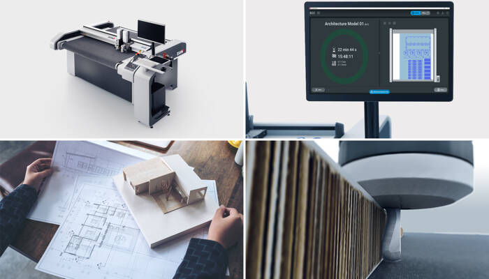 Zünd cutting system shown with digital interface, architectural plans, model, and close-up of cutting tool on material. Zünd cutting system shown with digital interface, architectural plans, model, and close-up of cutting tool on material.