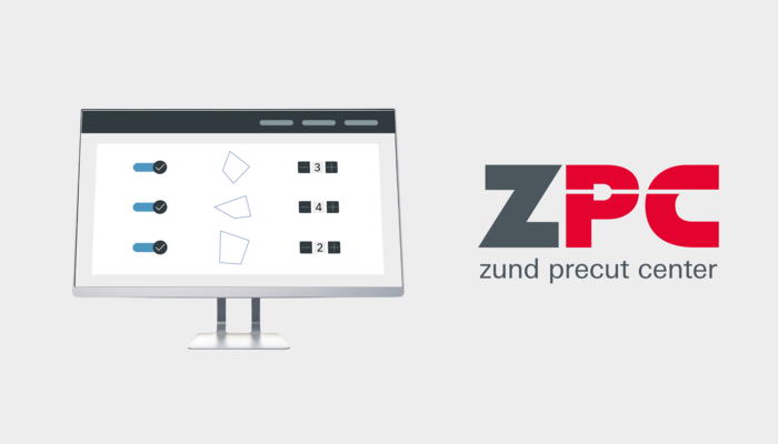 Zünd Precut Center software interface showing three cut shapes with quantity selectors and checkmarks, alongside the ZPC logo.