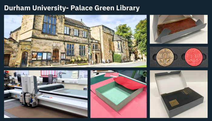 Historic Durham University Palace Green Library building, Zünd cutter, and custom archival packaging for artifacts.