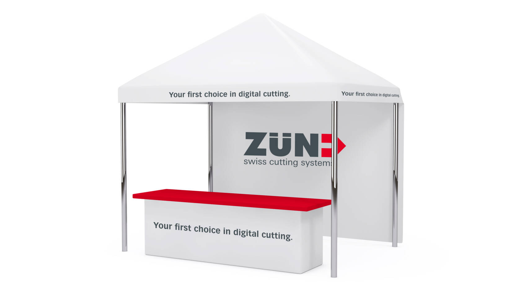 Zünd Swiss cutting systems branded white exhibition tent with red-topped counter. 'Your first choice in digital cutting' slogan visible. Zünd Swiss cutting systems branded white exhibition tent with red-topped counter. 'Your first choice in digital cutting' slogan visible.
