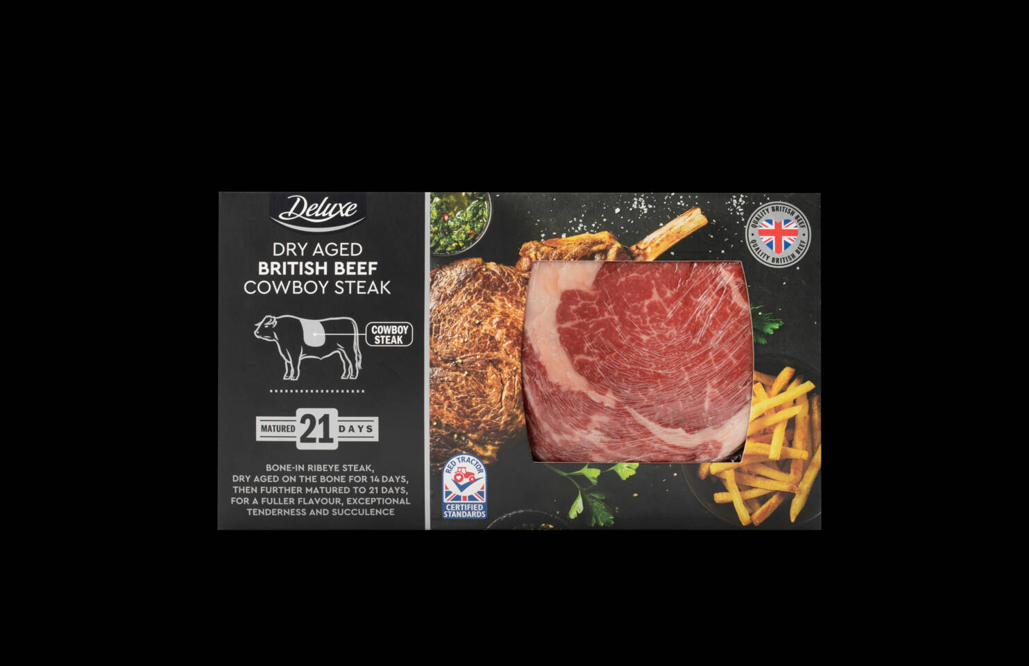 Deluxe Dry Aged British Beef Cowboy Steak, bone-in ribeye matured for 21 days, with a raw steak, cooked steak, and fries.
