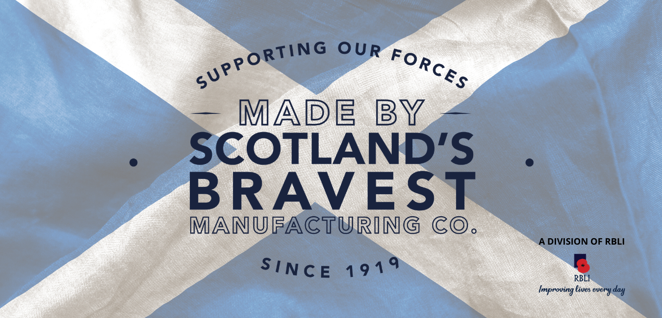 Scotland's Bravest Manufacturing Co. logo on Scottish flag, supporting our forces since 1919, a division of RBLI.