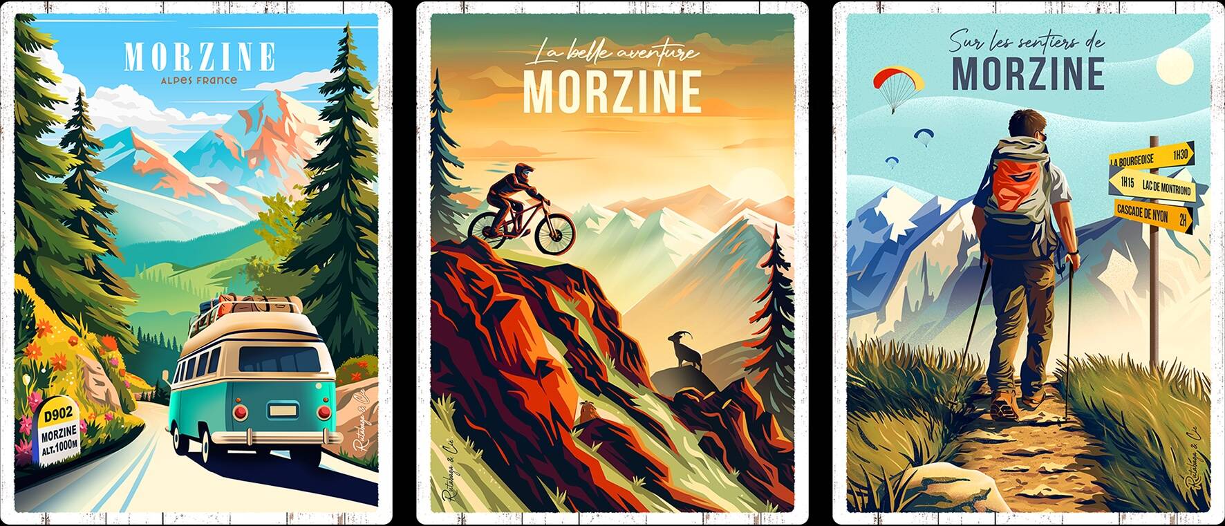 Trois affiches vintage de Morzine: un van, un cycliste, un randonneur, avec des montagnes et des activités de plein air.