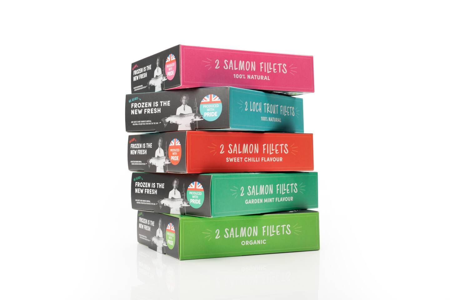Stack of six boxes of fish fillets: salmon, loch trout, sweet chili salmon, garden mint salmon, and organic salmon.