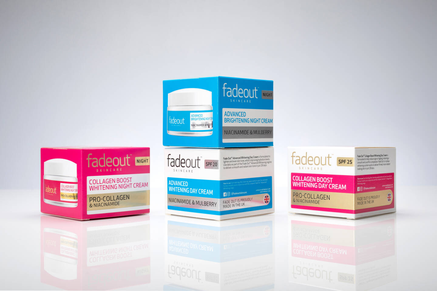 Fade Out skincare products: Collagen Boost Night Cream, Advanced Whitening Day Cream SPF 20, and Collagen Boost Day Cream SPF 25. Fade Out skincare products: Collagen Boost Night Cream, Advanced Whitening Day Cream SPF 20, and Collagen Boost Day Cream SPF 25.